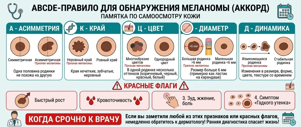 Инфографика ABCDE/АККОРД для самооценки родинок и красные флаги меланомы