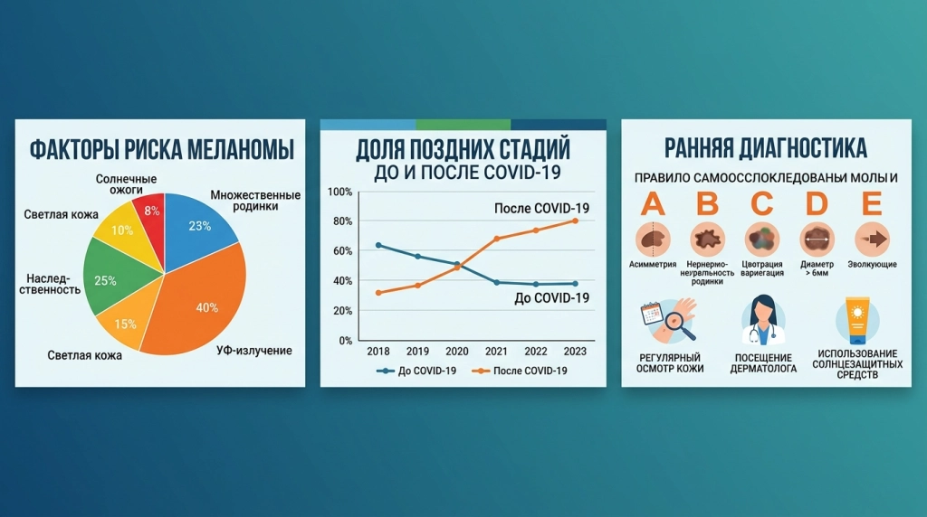 Диаграммы факторов риска меланомы и влияния пандемии на поздние обращения