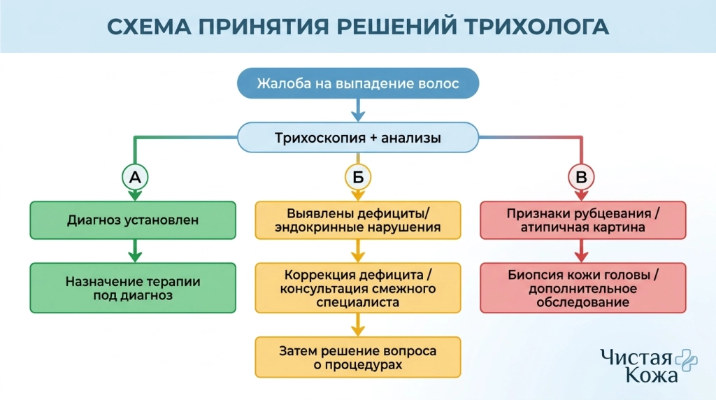 Сначала диагностика — затем лечение выпадения волос.