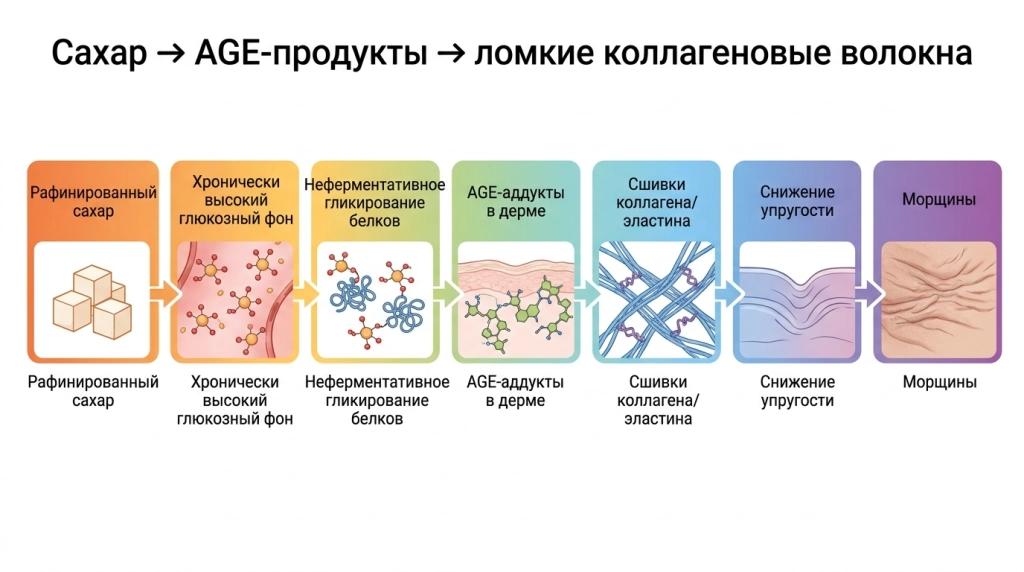 Схема: как сахар и гликация влияют на кожу