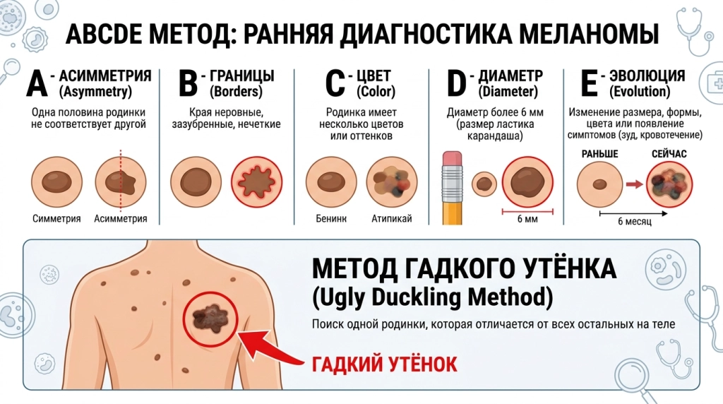 Инфографика: признаки меланомы по ABCDE и метод гадкого утёнка