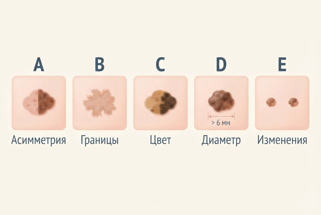 Правило ABCDE: асимметрия, границы, цвет, диаметр и динамика образования на коже