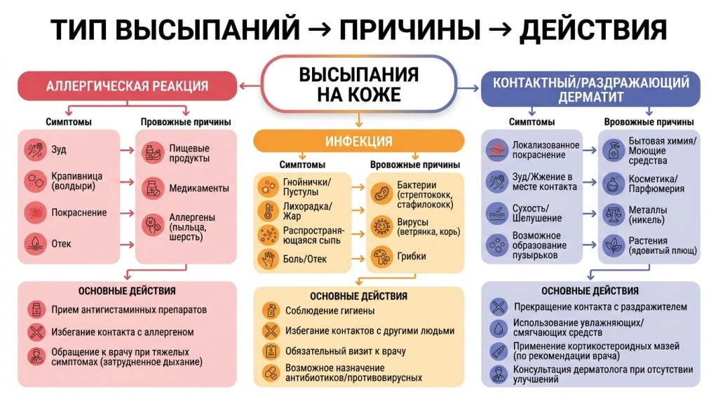 Инфографика причин высыпаний у взрослых и детей и шагов диагностики