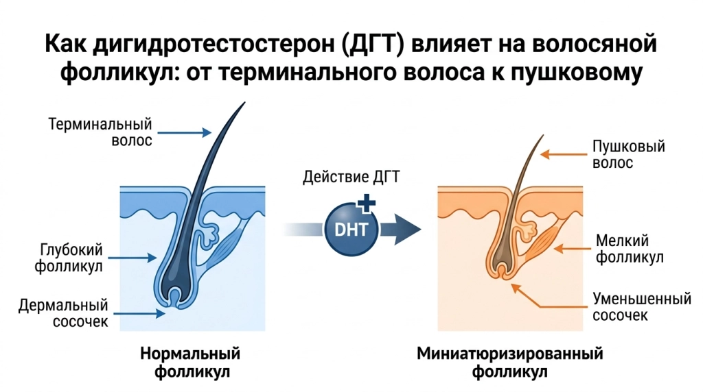 Как дигидротестостерон (ДГТ) влияет на волосяной фолликул: от терминального волоса к пушковому