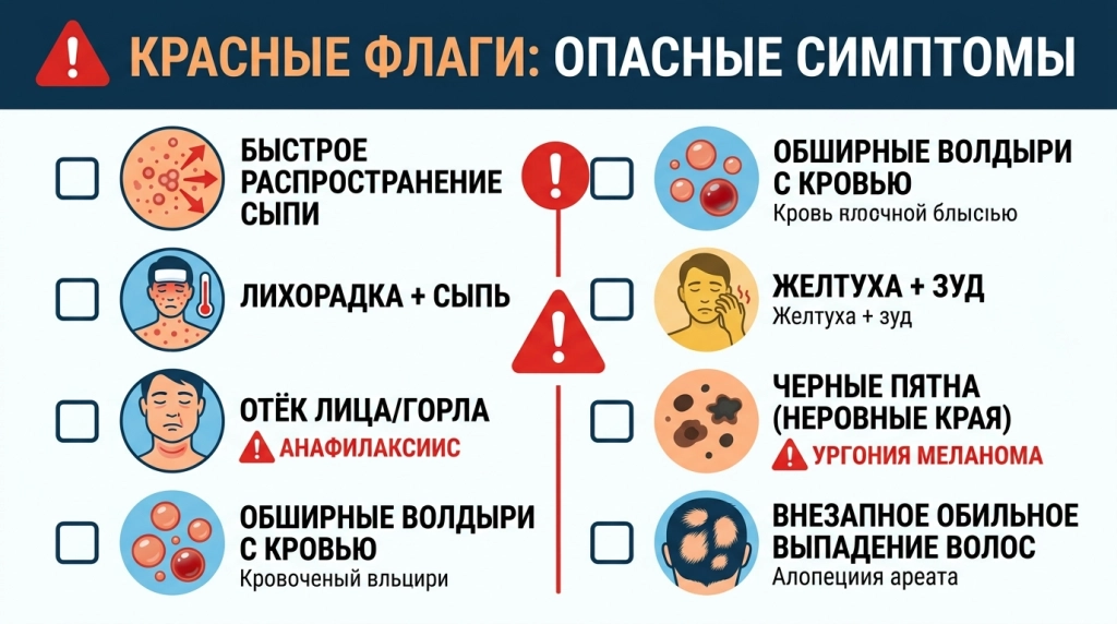 Памятка: опасные симптомы кожи и волос, требующие неотложной помощи
