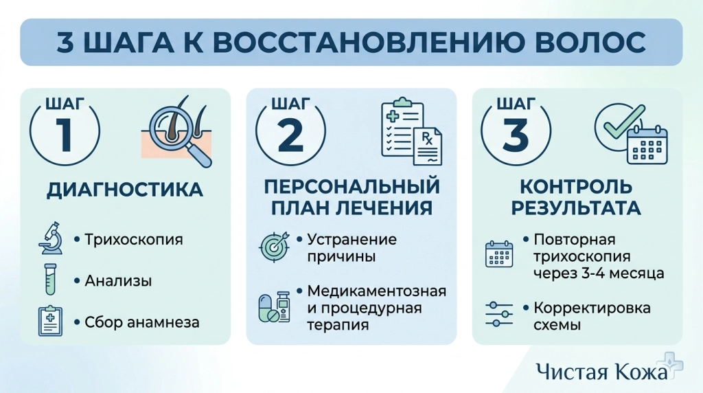 Схема трёх шагов лечения выпадения волос: диагностика, терапия, контроль.-1779708601501.png