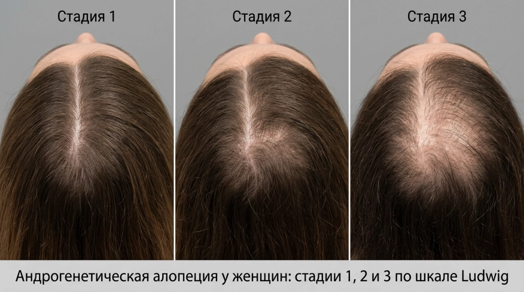 Андрогенетическая алопеция у женщин: стадии 1, 2 и 3 по шкале Ludwig