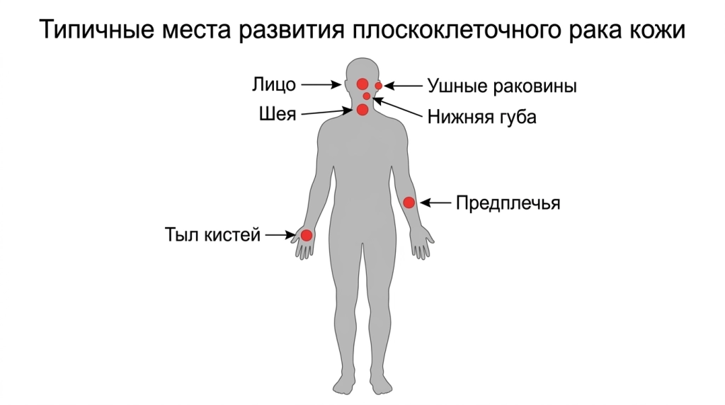 Схема типичных локализаций плоскоклеточного рака кожи на теле человека