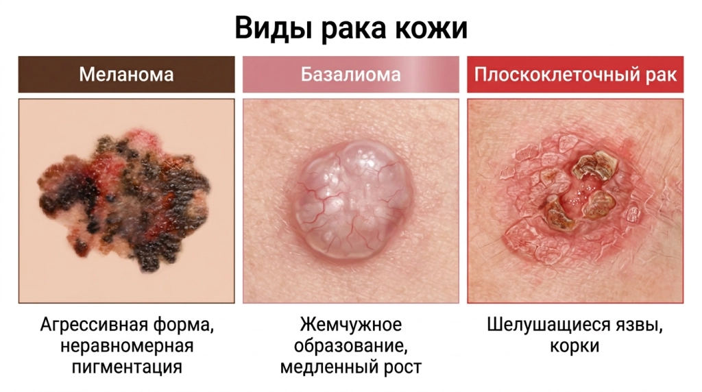 Виды рака кожи: меланома, базалиома и плоскоклеточный рак
